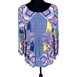 GLAM Purple paisley print 3/4 bell sleeve elastic waist blouse top size M